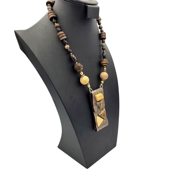 Handcrafted Wood Bead Necklace Leather on Copper Pendant w/ Geometric Stones - Picture 3 of 8